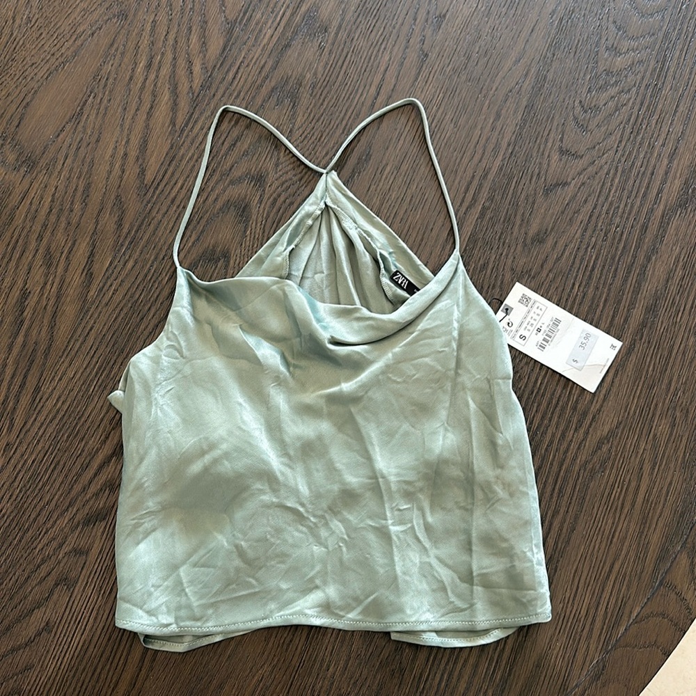 Teal Green Zara Satin Crop Top with cowl neck